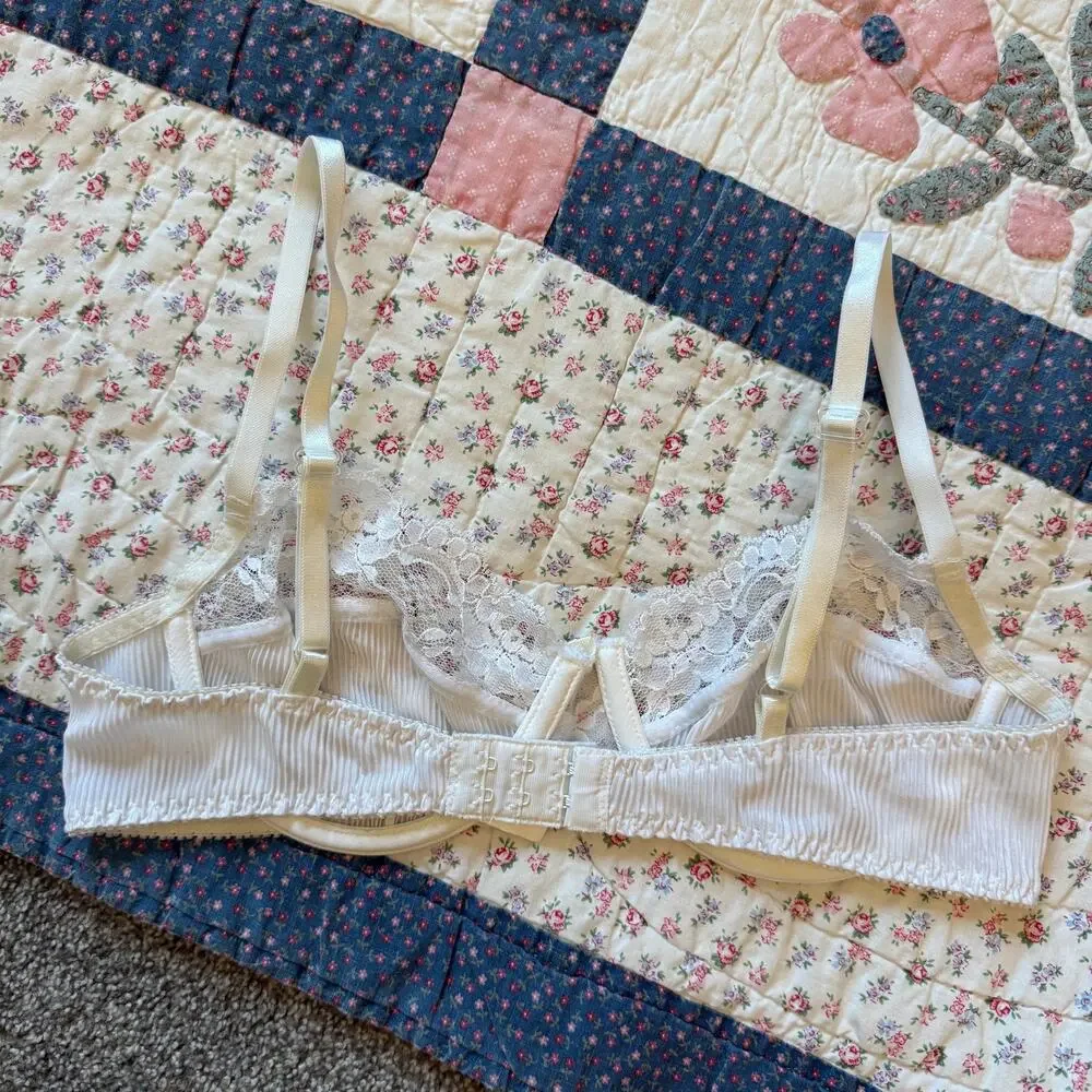 Vintage White Sheer Lace Underwire Balconette Bra Lingerie Sz 34C